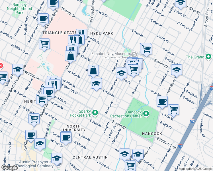 map of restaurants, bars, coffee shops, grocery stores, and more near 4002 Avenue F in Austin
