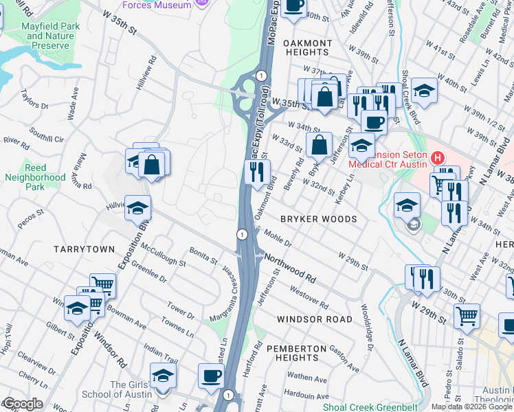 map of restaurants, bars, coffee shops, grocery stores, and more near 2900 Oakmont Boulevard in Austin