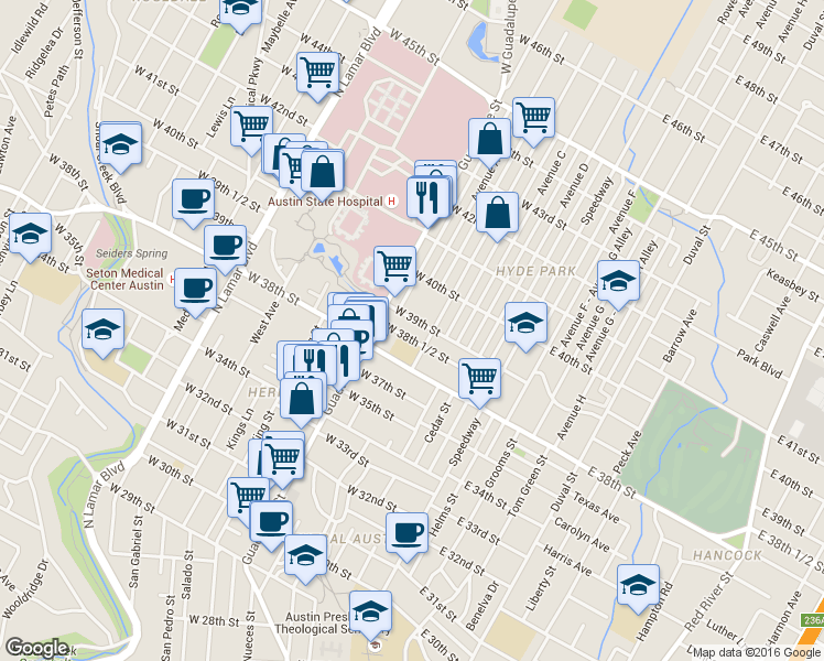 map of restaurants, bars, coffee shops, grocery stores, and more near 407 West 39th Street in Austin