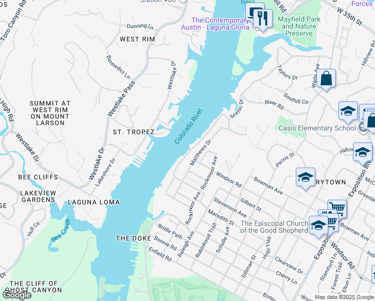 map of restaurants, bars, coffee shops, grocery stores, and more near 2300 Scenic Drive in Austin