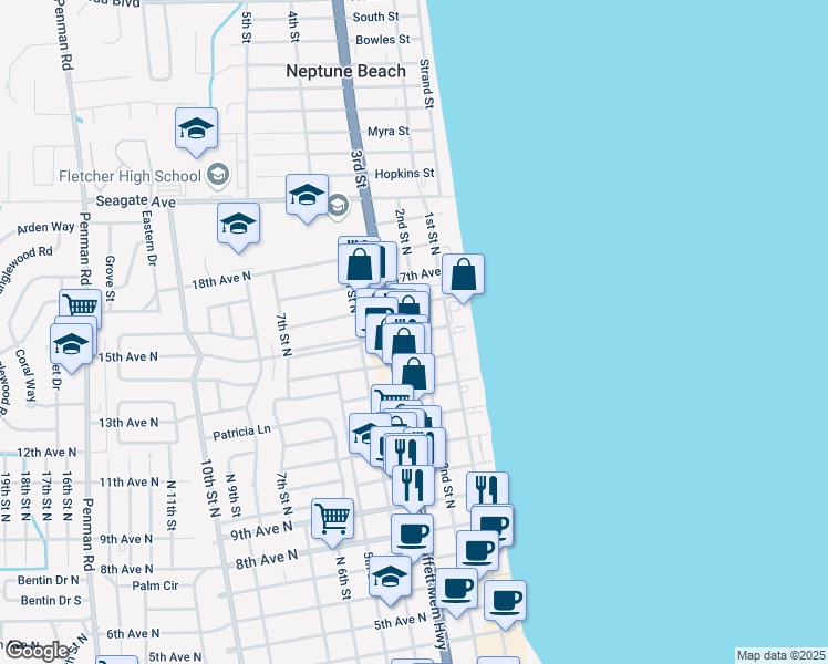 map of restaurants, bars, coffee shops, grocery stores, and more near 3855 Regent Blvd in Jacksonville