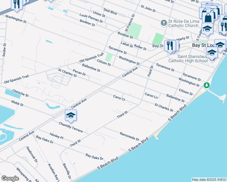 map of restaurants, bars, coffee shops, grocery stores, and more near 242 Saint Charles Street in Bay St. Louis