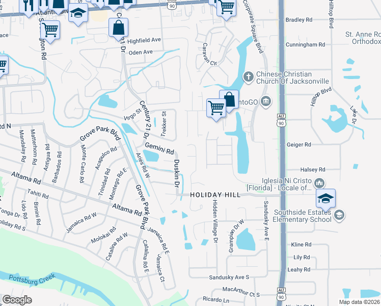 map of restaurants, bars, coffee shops, grocery stores, and more near 8706 Buzz Court in Jacksonville