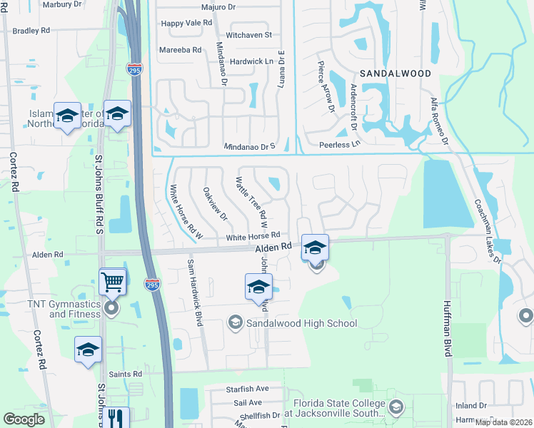 map of restaurants, bars, coffee shops, grocery stores, and more near 11737 Wattle Tree Road West in Jacksonville