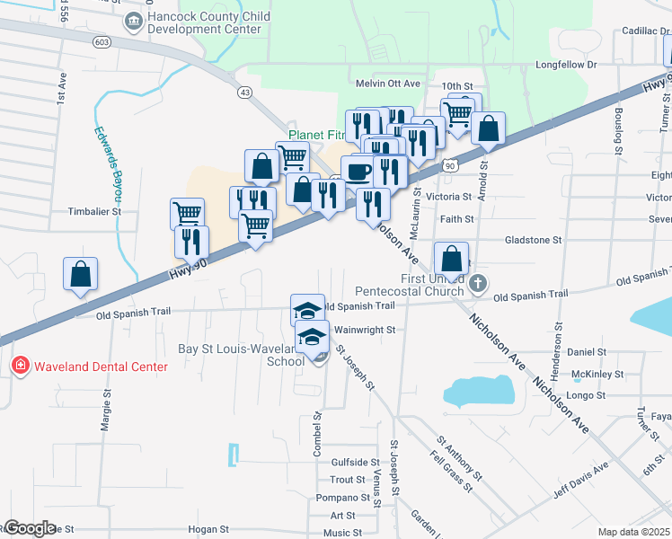 map of restaurants, bars, coffee shops, grocery stores, and more near 100-198 Cambridge Drive in Waveland