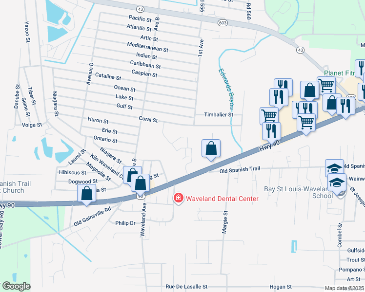 map of restaurants, bars, coffee shops, grocery stores, and more near 612 U.S. 90 in Waveland