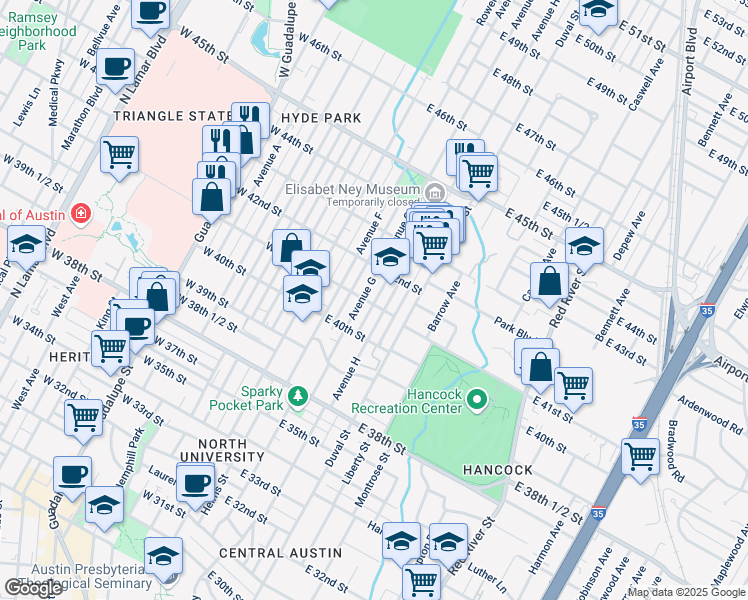 map of restaurants, bars, coffee shops, grocery stores, and more near 4014 1/2 Avenue G in Austin