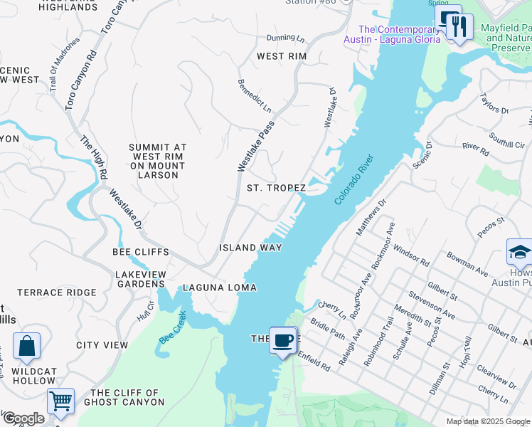 map of restaurants, bars, coffee shops, grocery stores, and more near 2220 Westlake Drive in Austin