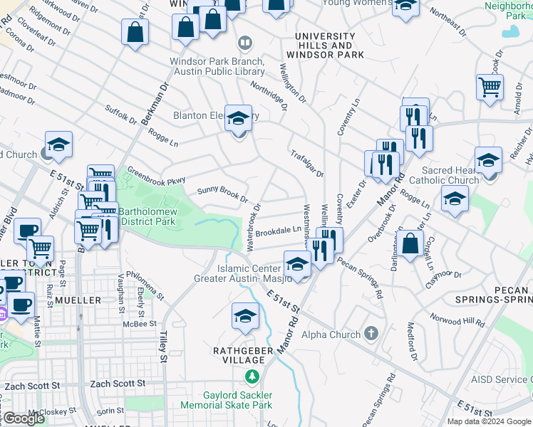 map of restaurants, bars, coffee shops, grocery stores, and more near 5204 Robinsdale Lane in Austin