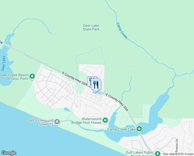 map of restaurants, bars, coffee shops, grocery stores, and more near 11 Pine Lands Loop East in Santa Rosa Beach