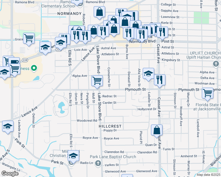 map of restaurants, bars, coffee shops, grocery stores, and more near 5319 Plymouth Street in Jacksonville