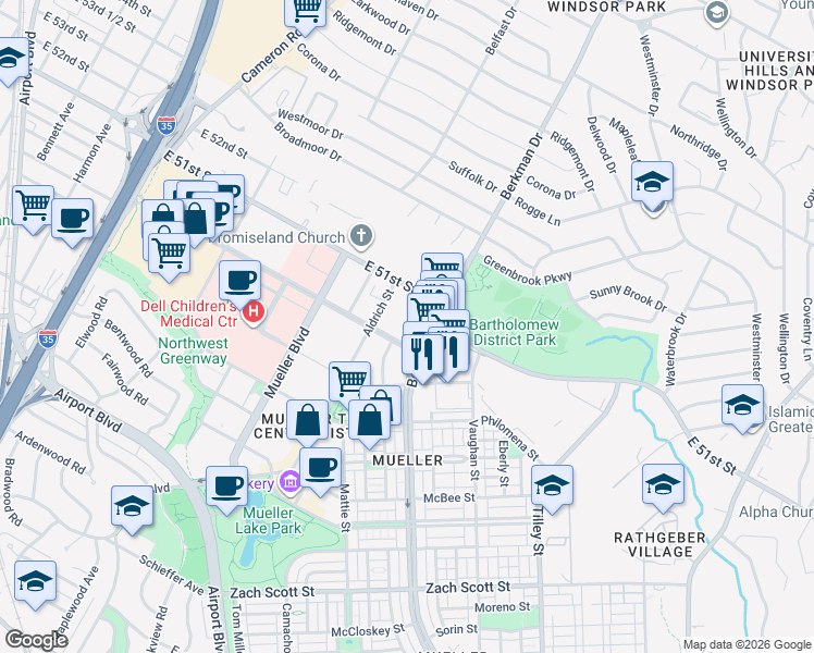 map of restaurants, bars, coffee shops, grocery stores, and more near 1113 Barbara Jordan Boulevard in Austin