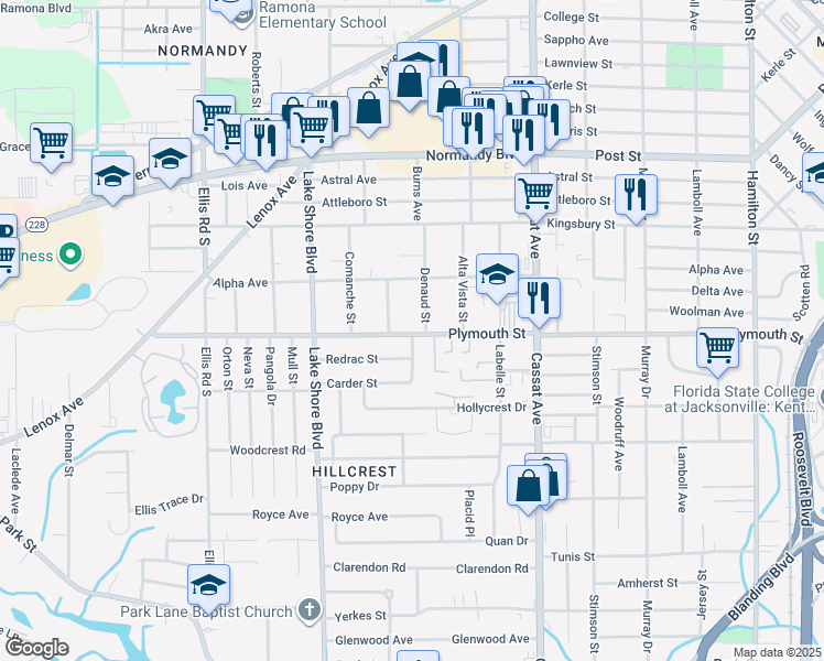 map of restaurants, bars, coffee shops, grocery stores, and more near 5204 Plymouth Street in Jacksonville