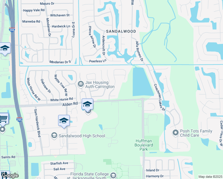 map of restaurants, bars, coffee shops, grocery stores, and more near 2526 Alden Trace Boulevard West in Jacksonville