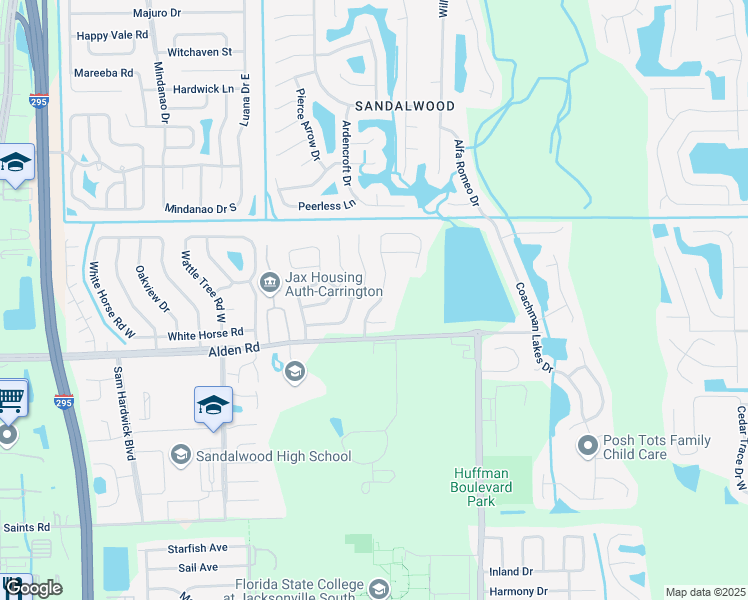 map of restaurants, bars, coffee shops, grocery stores, and more near 2526 Alden Trace Boulevard West in Jacksonville