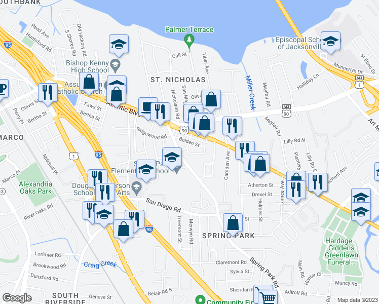 map of restaurants, bars, coffee shops, grocery stores, and more near 2179 Spring Park Road in Jacksonville
