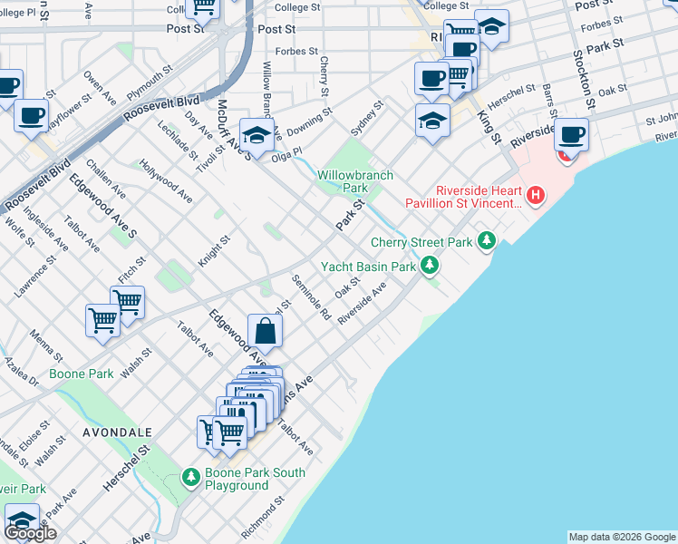 map of restaurants, bars, coffee shops, grocery stores, and more near 3125 Herschel Street in Jacksonville
