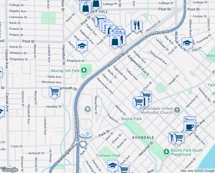 map of restaurants, bars, coffee shops, grocery stores, and more near 1280 Rensselaer Avenue in Jacksonville