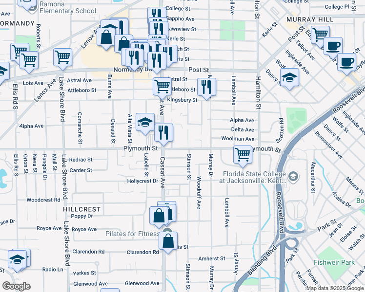 map of restaurants, bars, coffee shops, grocery stores, and more near 4826 Plymouth Street in Jacksonville
