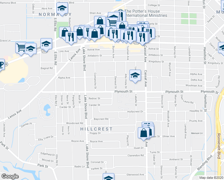 map of restaurants, bars, coffee shops, grocery stores, and more near 5204 Plymouth Street in Jacksonville