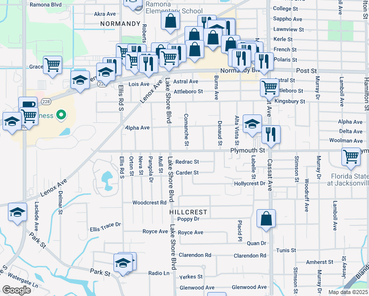 map of restaurants, bars, coffee shops, grocery stores, and more near 5338 Plymouth Street in Jacksonville