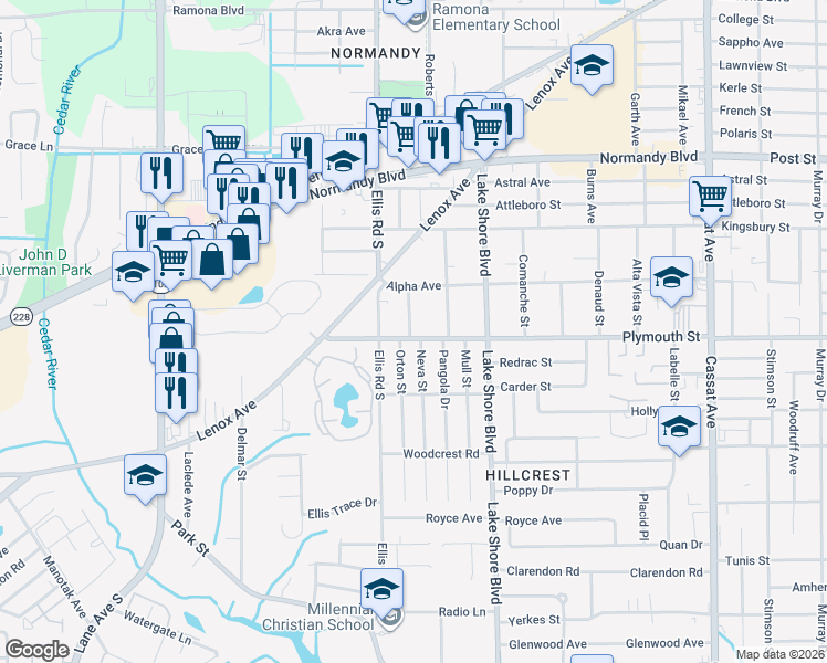 map of restaurants, bars, coffee shops, grocery stores, and more near 5558 Plymouth Street in Jacksonville