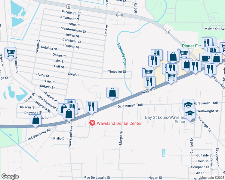 map of restaurants, bars, coffee shops, grocery stores, and more near 548 U.S. 90 in Waveland