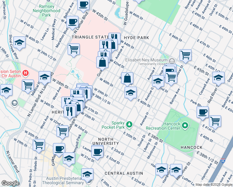 map of restaurants, bars, coffee shops, grocery stores, and more near 3905 Avenue C in Austin