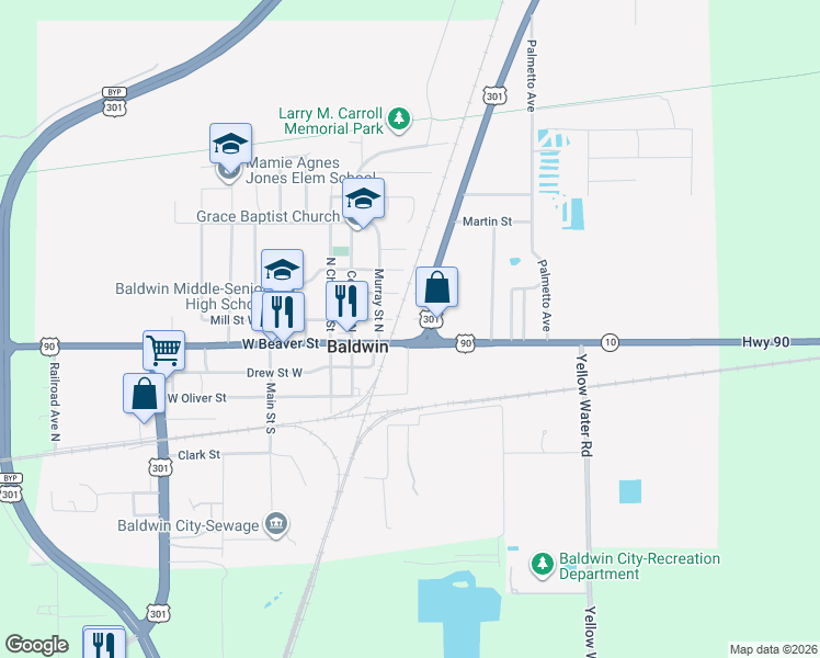 map of restaurants, bars, coffee shops, grocery stores, and more near 225 U.S. 90 in Baldwin