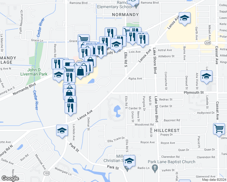 map of restaurants, bars, coffee shops, grocery stores, and more near 7065 Plymouth Street in Jacksonville