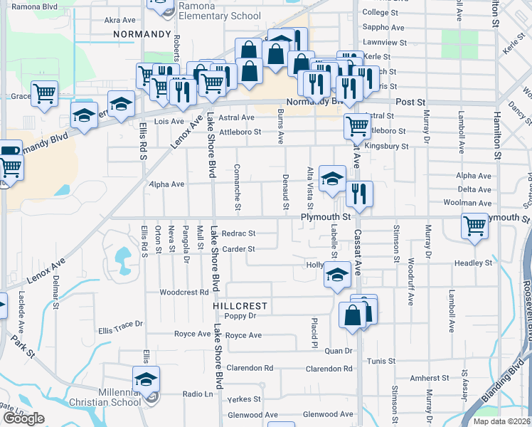 map of restaurants, bars, coffee shops, grocery stores, and more near 5249 Plymouth Street in Jacksonville