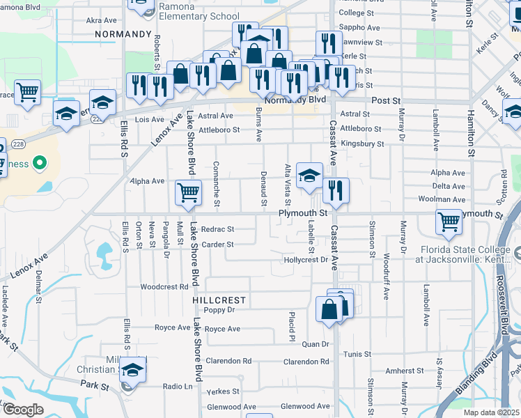 map of restaurants, bars, coffee shops, grocery stores, and more near 5209 Plymouth Street in Jacksonville
