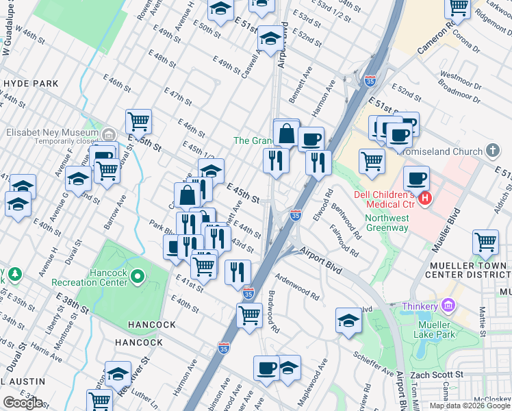 map of restaurants, bars, coffee shops, grocery stores, and more near 1023 East 45th Street in Austin
