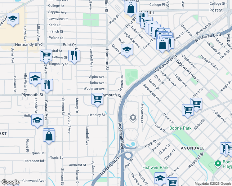 map of restaurants, bars, coffee shops, grocery stores, and more near 1211 Plymouth Place in Jacksonville