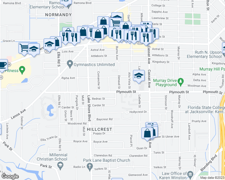 map of restaurants, bars, coffee shops, grocery stores, and more near 5237 Plymouth Street in Jacksonville