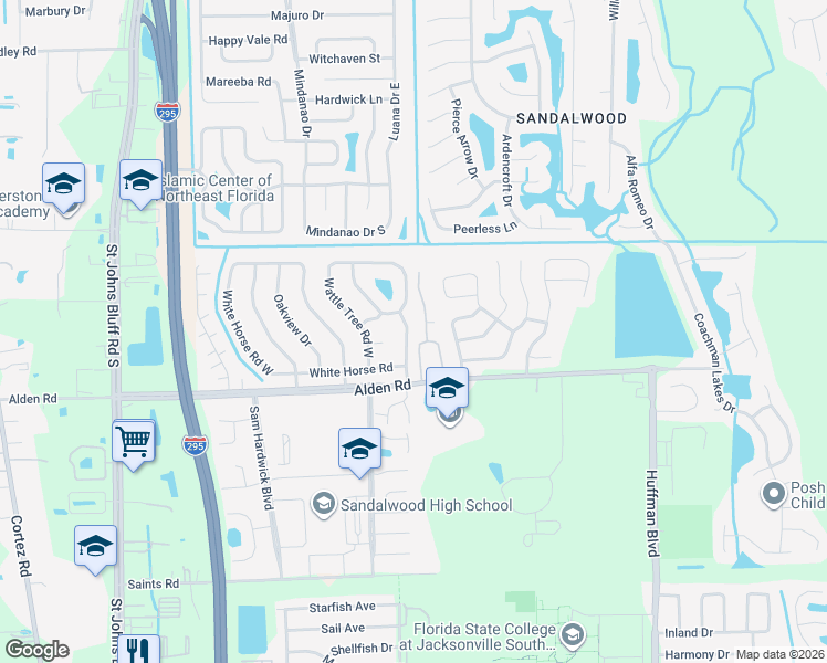 map of restaurants, bars, coffee shops, grocery stores, and more near 2533 White Horse Road East in Jacksonville
