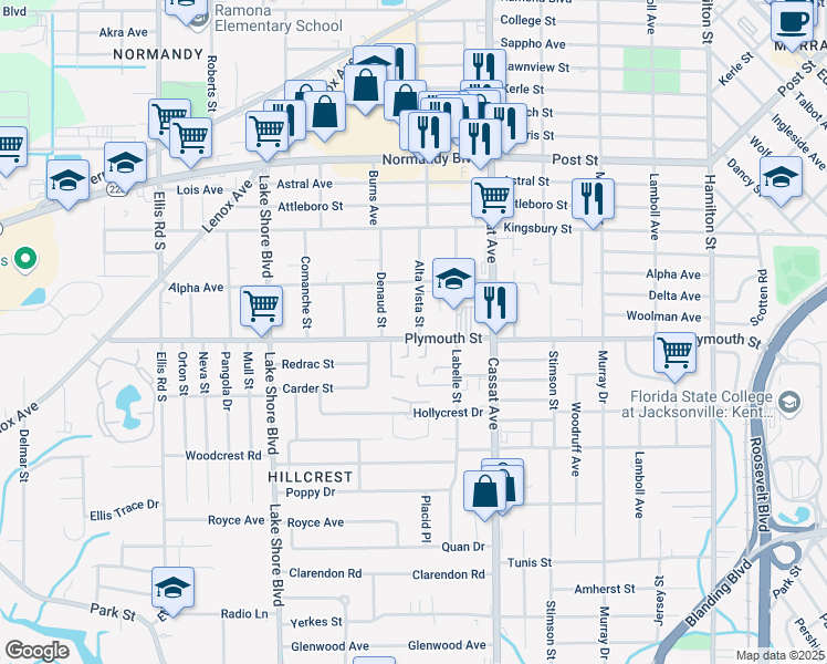 map of restaurants, bars, coffee shops, grocery stores, and more near 5137 Plymouth Street in Jacksonville