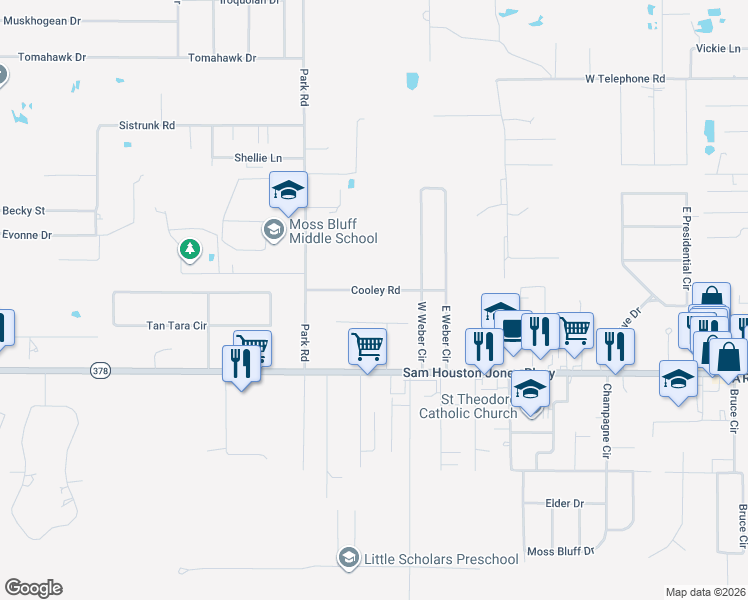 map of restaurants, bars, coffee shops, grocery stores, and more near 740 N Huval Dr in Lake Charles