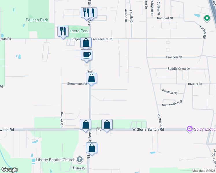 map of restaurants, bars, coffee shops, grocery stores, and more near 111 Kentwood Drive in Carencro