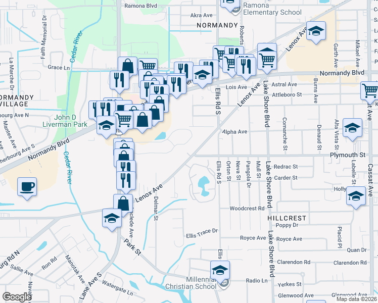 map of restaurants, bars, coffee shops, grocery stores, and more near 5699 Lenox Ave in Jacksonville
