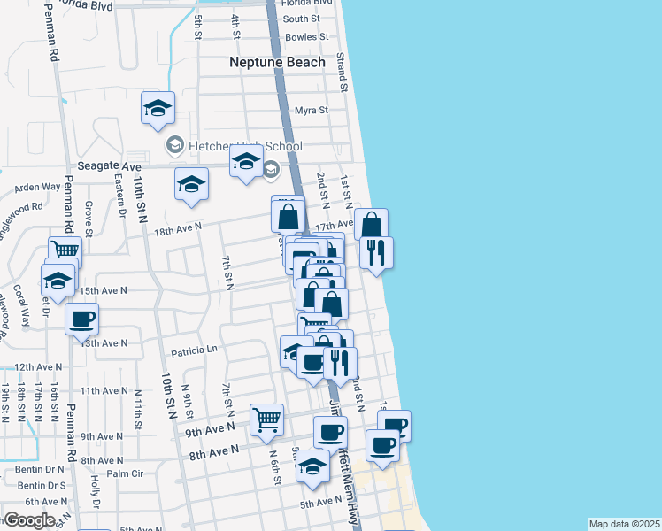 map of restaurants, bars, coffee shops, grocery stores, and more near 3855 Regent Blvd in Jacksonville