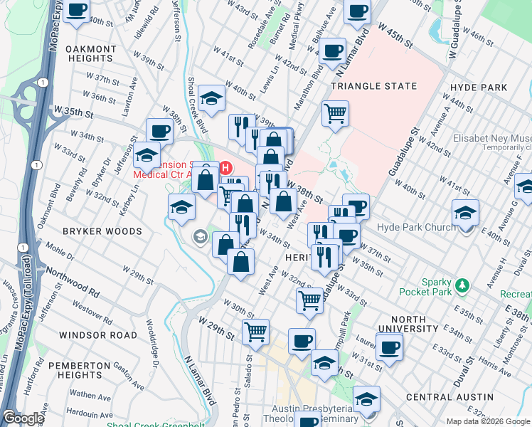 map of restaurants, bars, coffee shops, grocery stores, and more near in Austin