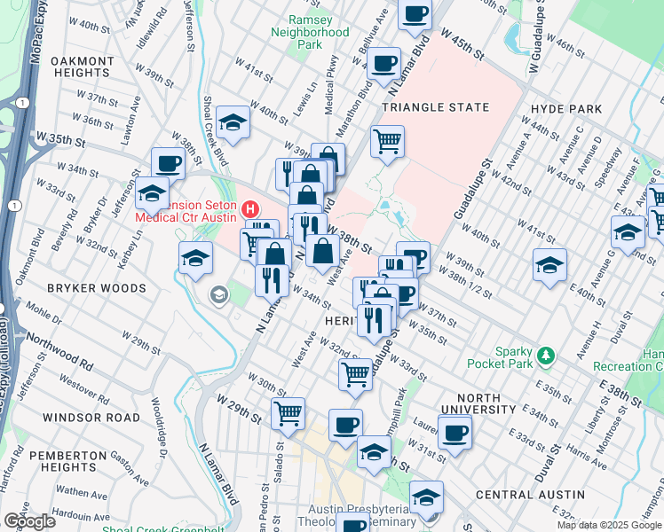 map of restaurants, bars, coffee shops, grocery stores, and more near 3503 Owen Avenue in Austin