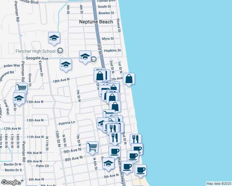 map of restaurants, bars, coffee shops, grocery stores, and more near 122 15th Avenue North in Jacksonville Beach