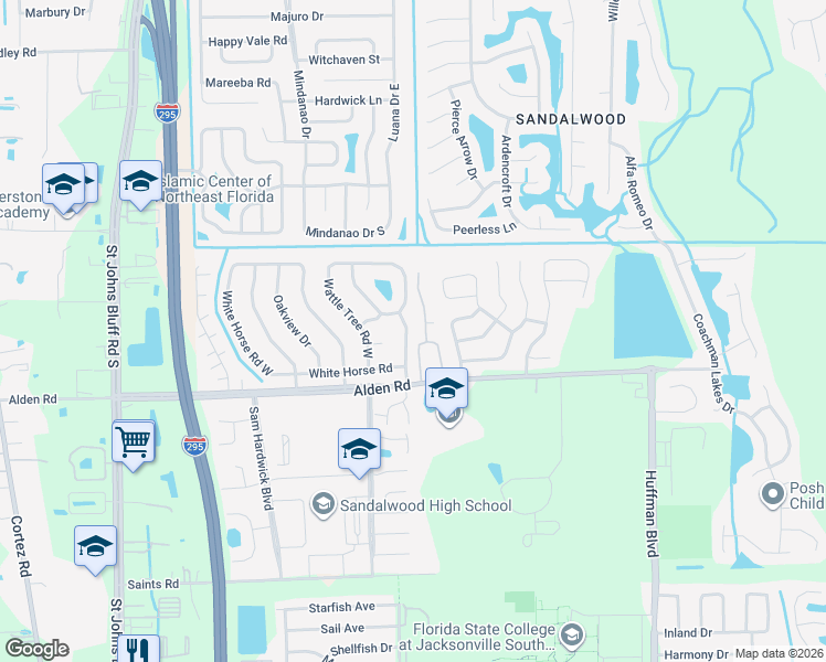 map of restaurants, bars, coffee shops, grocery stores, and more near 2533 White Horse Road East in Jacksonville