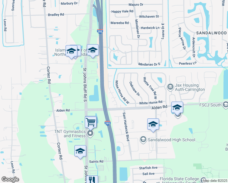 map of restaurants, bars, coffee shops, grocery stores, and more near 2475 Whispering Woods Boulevard in Jacksonville