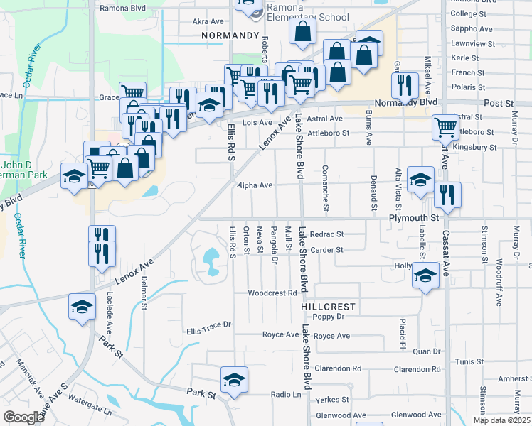 map of restaurants, bars, coffee shops, grocery stores, and more near 5512 Plymouth Street in Jacksonville