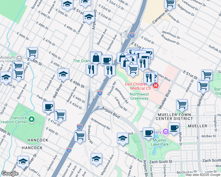 map of restaurants, bars, coffee shops, grocery stores, and more near 4510 Elwood Road in Austin