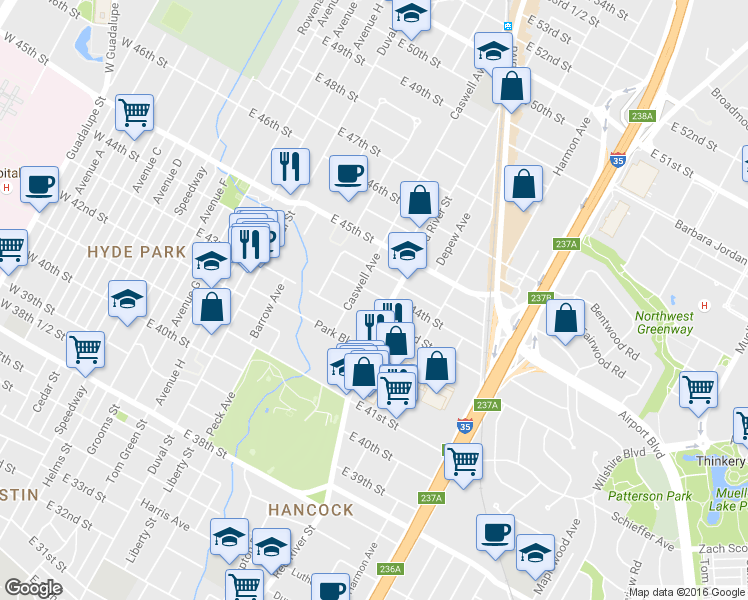 map of restaurants, bars, coffee shops, grocery stores, and more near 4305 Caswell Avenue in Austin
