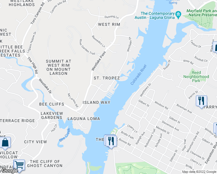 map of restaurants, bars, coffee shops, grocery stores, and more near 2226 Westlake Drive in Austin